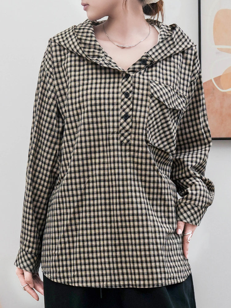 フード付きチェックシャツ