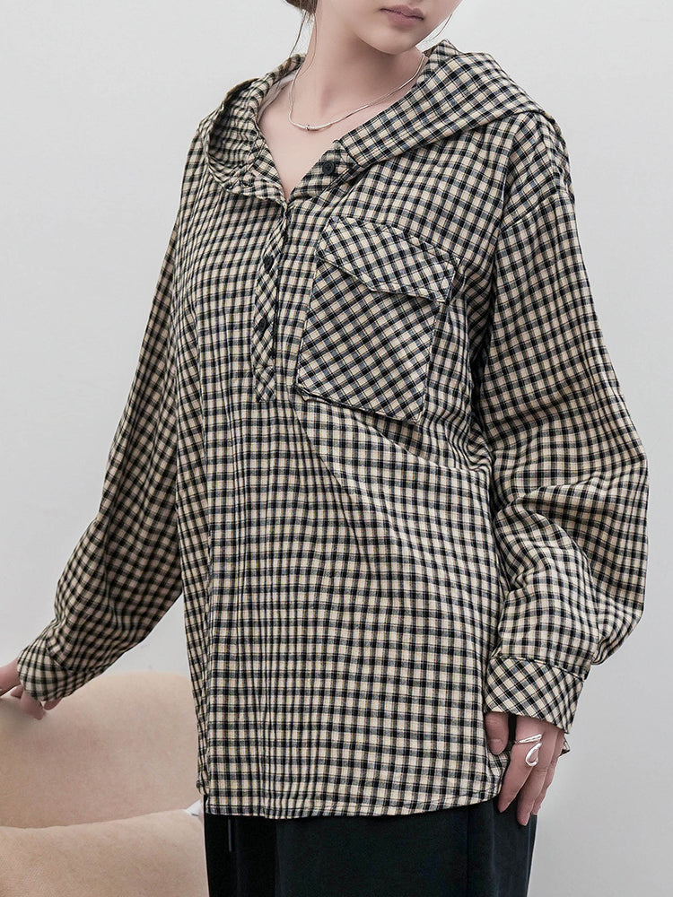 フード付きチェックシャツ