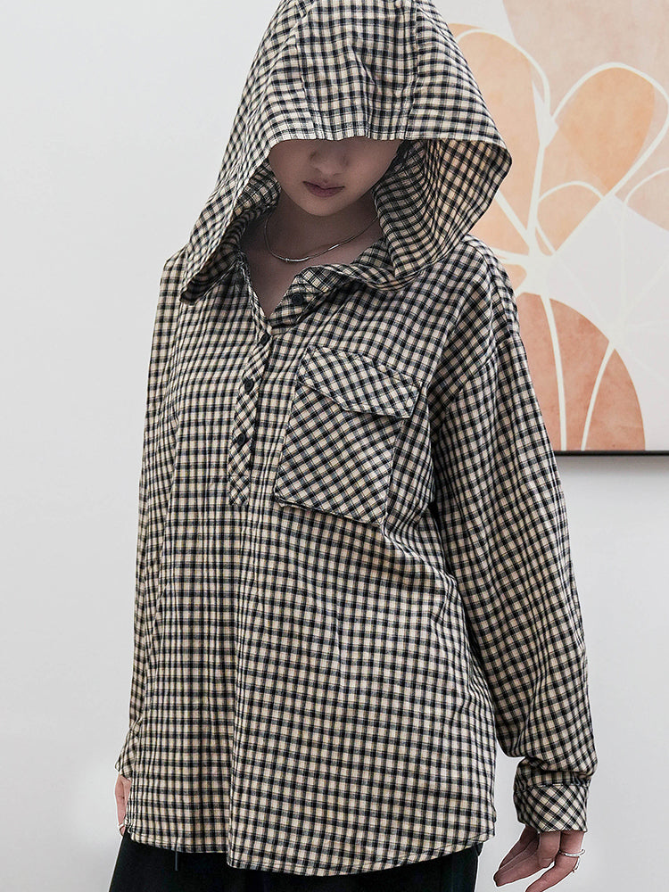 フード付きチェックシャツ