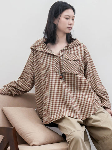 フード付きチェックシャツ