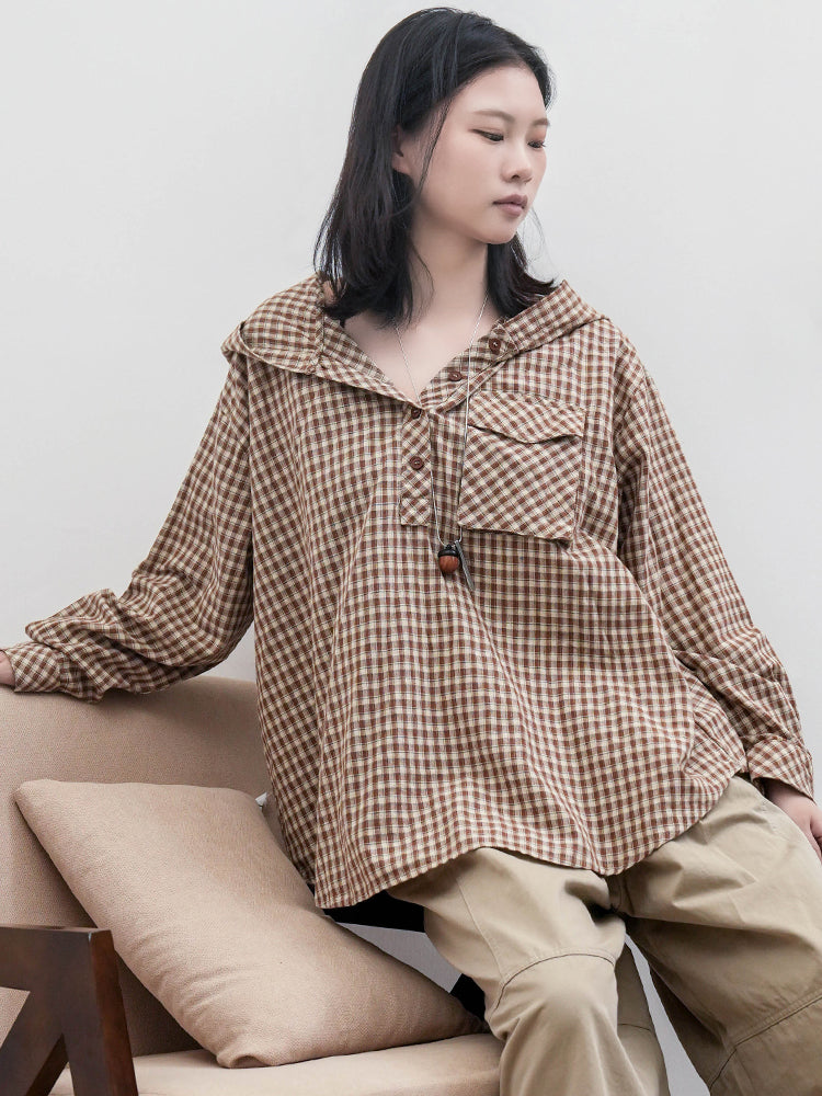 フード付きチェックシャツ