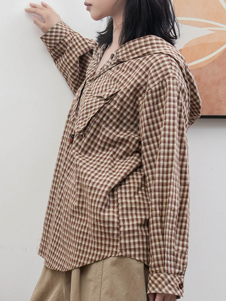 フード付きチェックシャツ