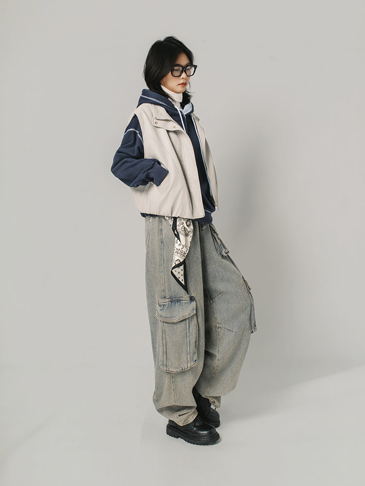 裾ドローストリングレザージャケット